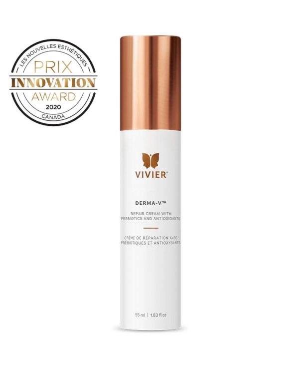 a bottle of Derma-V serum with an award on it.